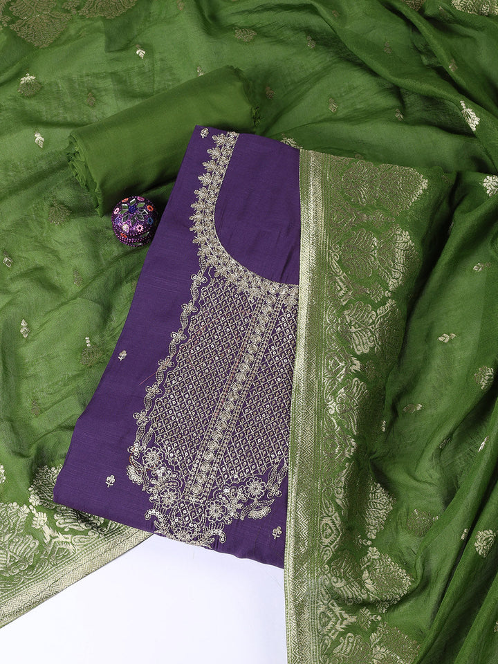 Neck Embroidered Chanderi Unstitched Suit Piece With Dupatta