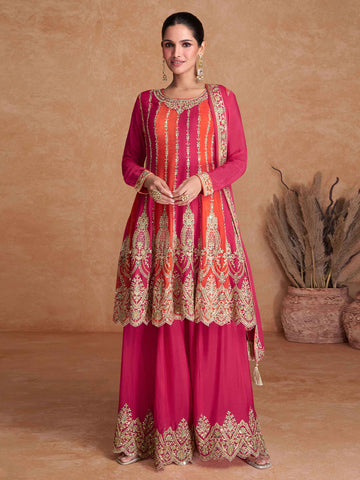 Embroidered Sequin Chinnon  Kurta With Palazzo And Dupatta