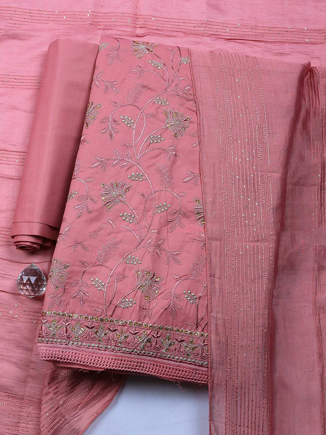 Embroidered Cotton Unstitched Suit With Pant &amp; Dupatta