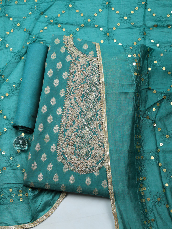 Embroidered Chanderi Unstitched Suit With Pant &amp; Dupatta