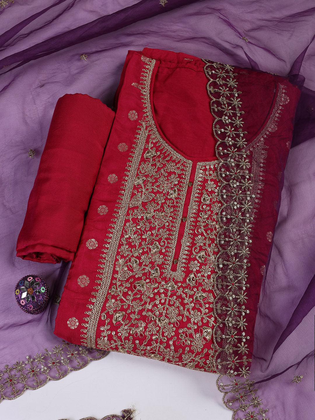 Embroidered Chanderi Unstitched Suit With Dupatta