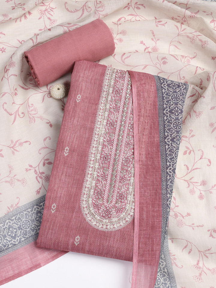 Neck Embroidered Chanderi Unstitched Suit Piece With Dupatta
