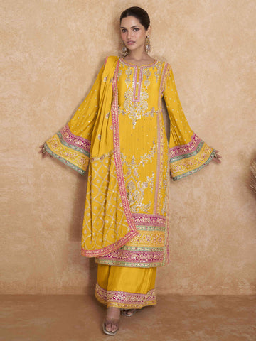 Zari Embroidered Sequin Chinnon Kurta With Palazzo And Dupatta