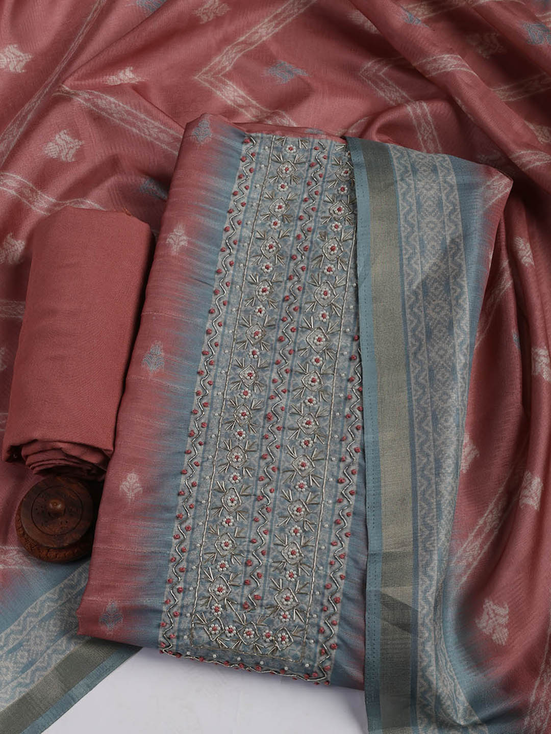 Embroidered Chanderi Unstitched Suit Piece With Dupatta