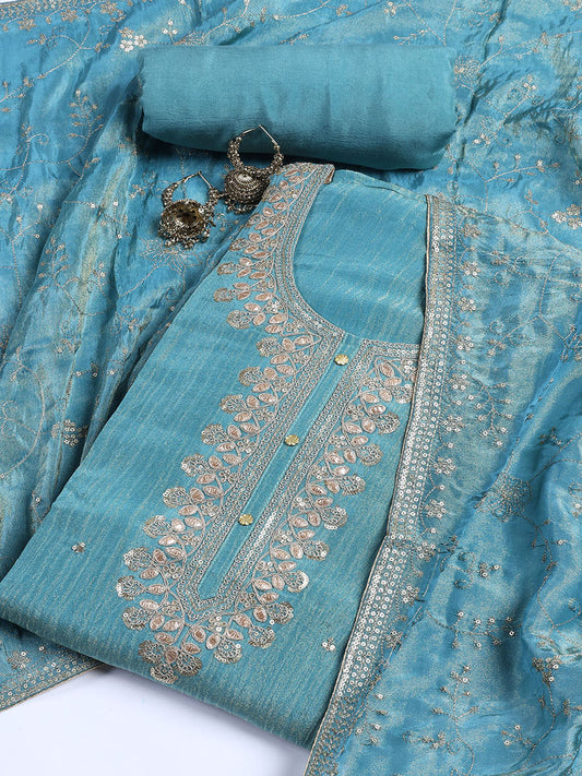 Neck Embroidered Tissue Unstitched Suit With Dupatta