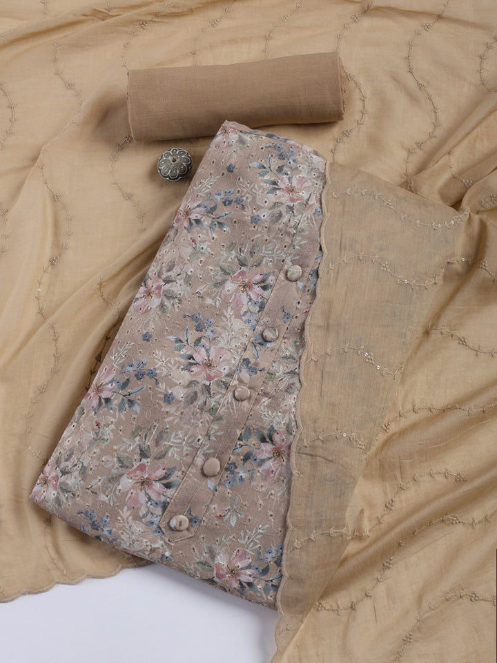 Printed Cotton Blend Unstitched Suit With Dupatta
