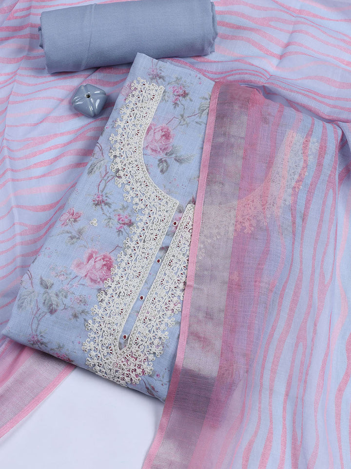 Floral Printed Linen Unstitched Suit With Dupatta