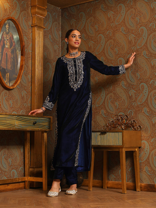 Zari Neck Embroidered Velvet Kurta With Pants