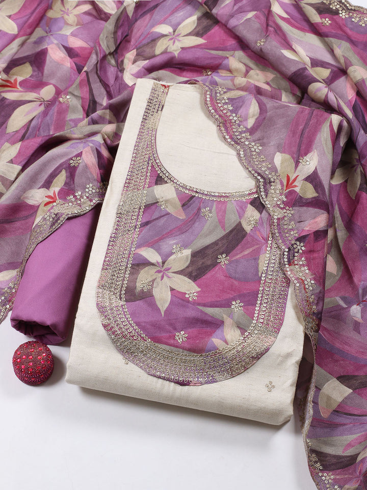Neck Embroidered Chanderi Unstitched Suit Piece With Dupatta