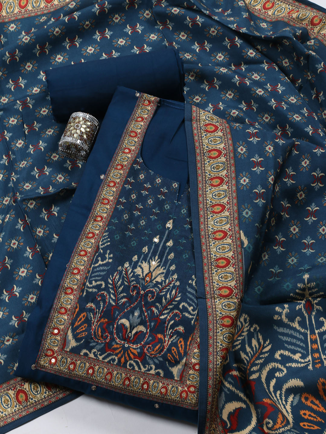 Printed Chanderi Unstitched Suit Piece With Dupatta
