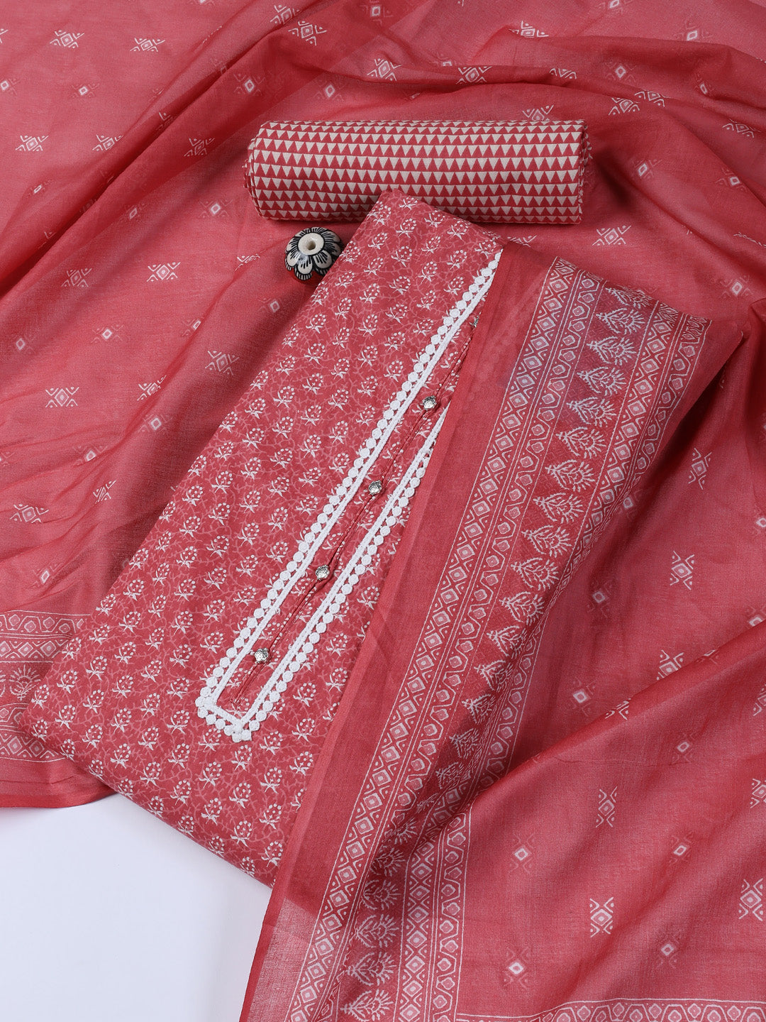 Neck Work Cotton Blend Unstitched Suit With Dupatta