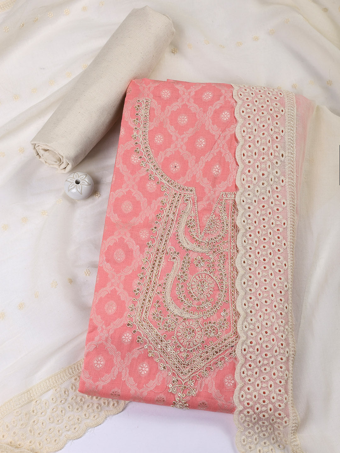 Woven Embroidered Cotton Blend Unstitched Suit With Dupatta