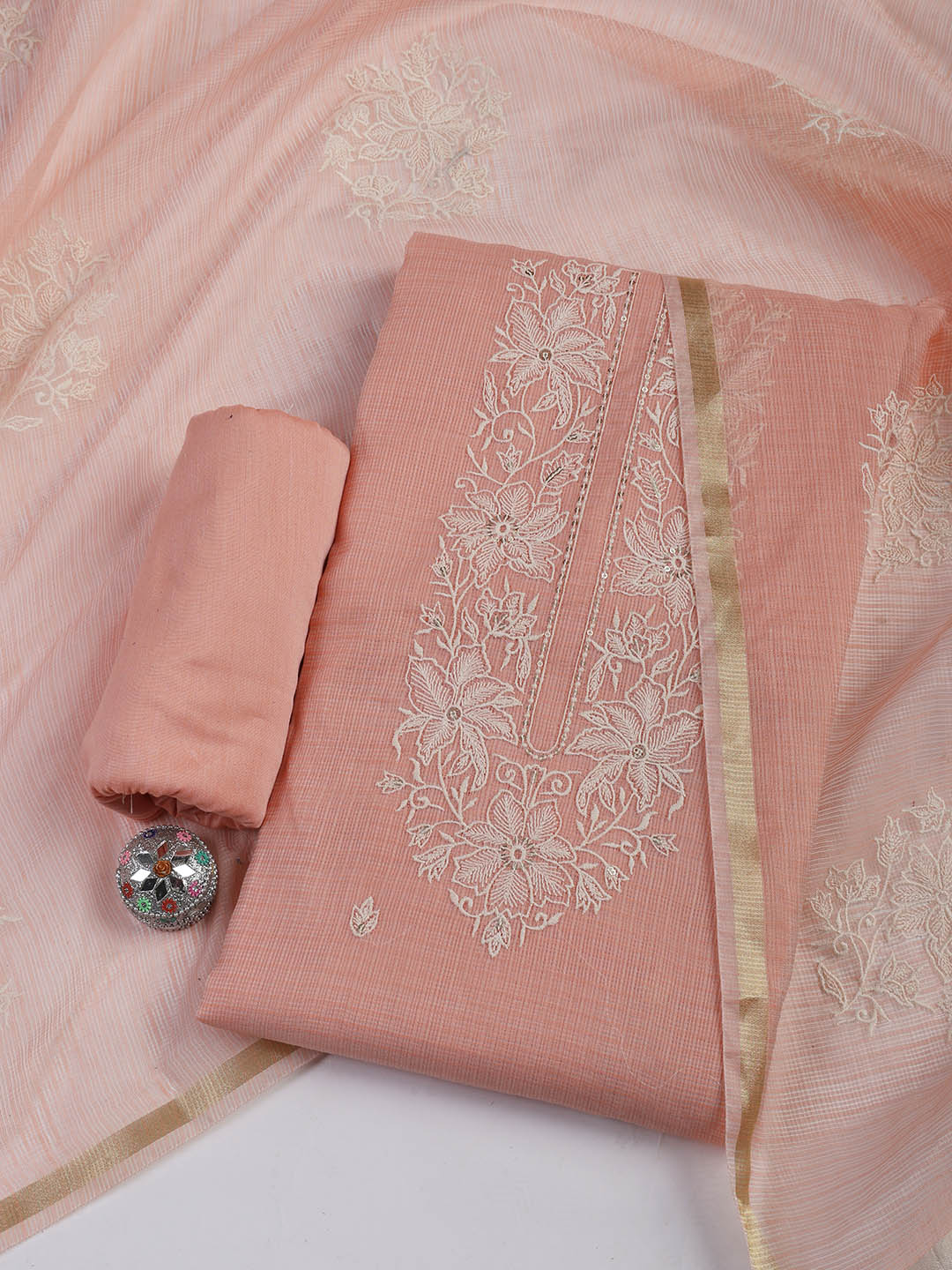 Neck Embroidered Cotton Blend Unstitched Suit With Dupatta