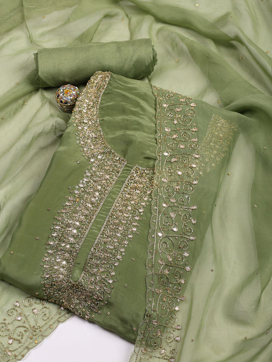 Neck Embroidered Organza Unstitched Suit With Dupatta