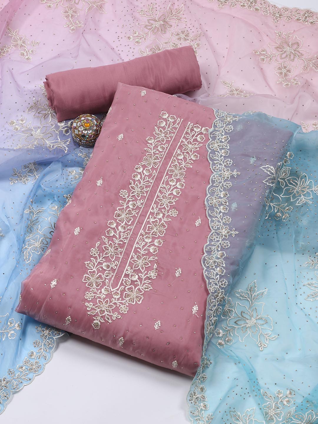 Neck Embroidery Organza Unstitched Suit Piece With Dupatta
