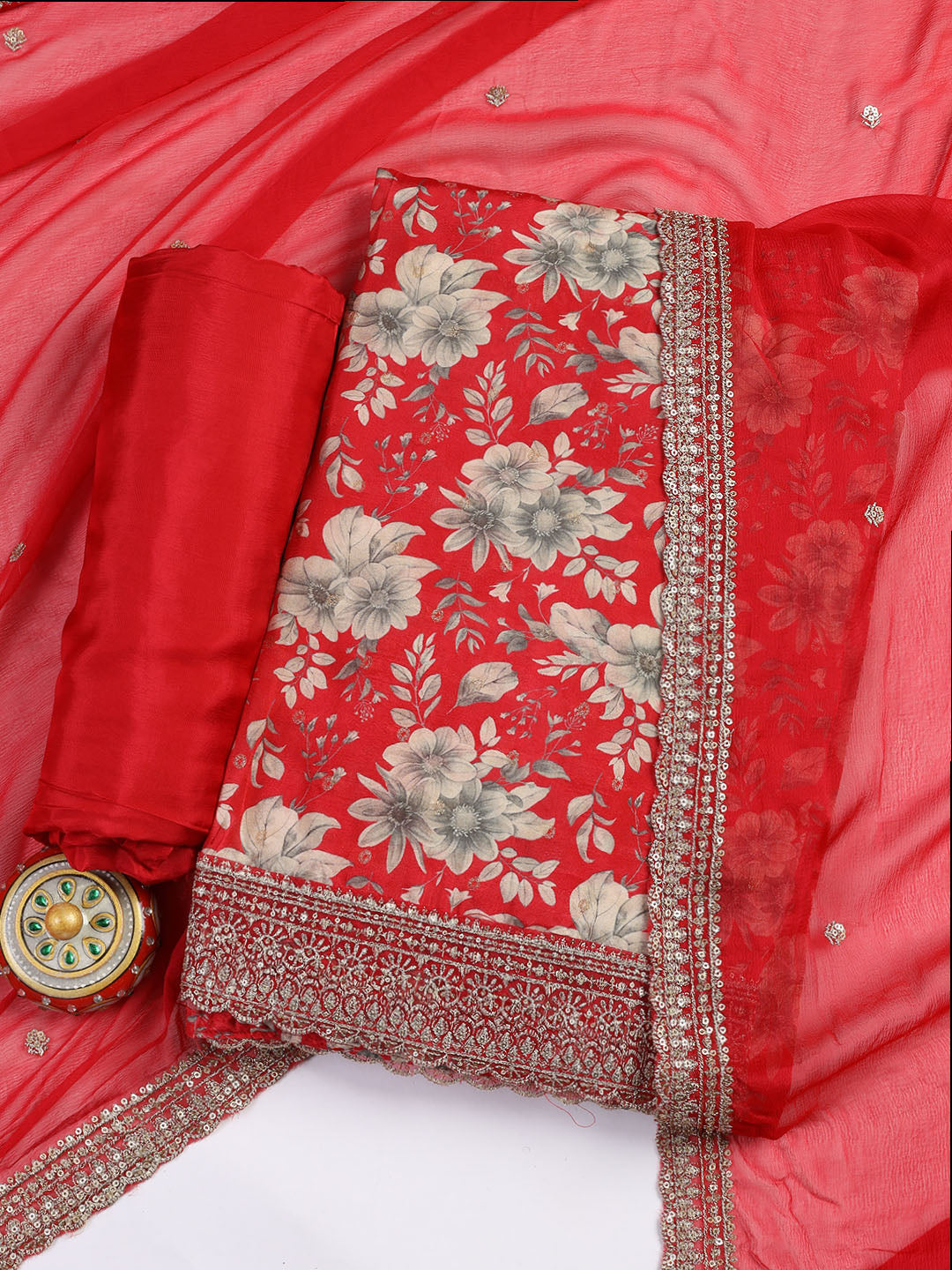 Printed Embroidered Muslin Unstitched Suit With Dupatta