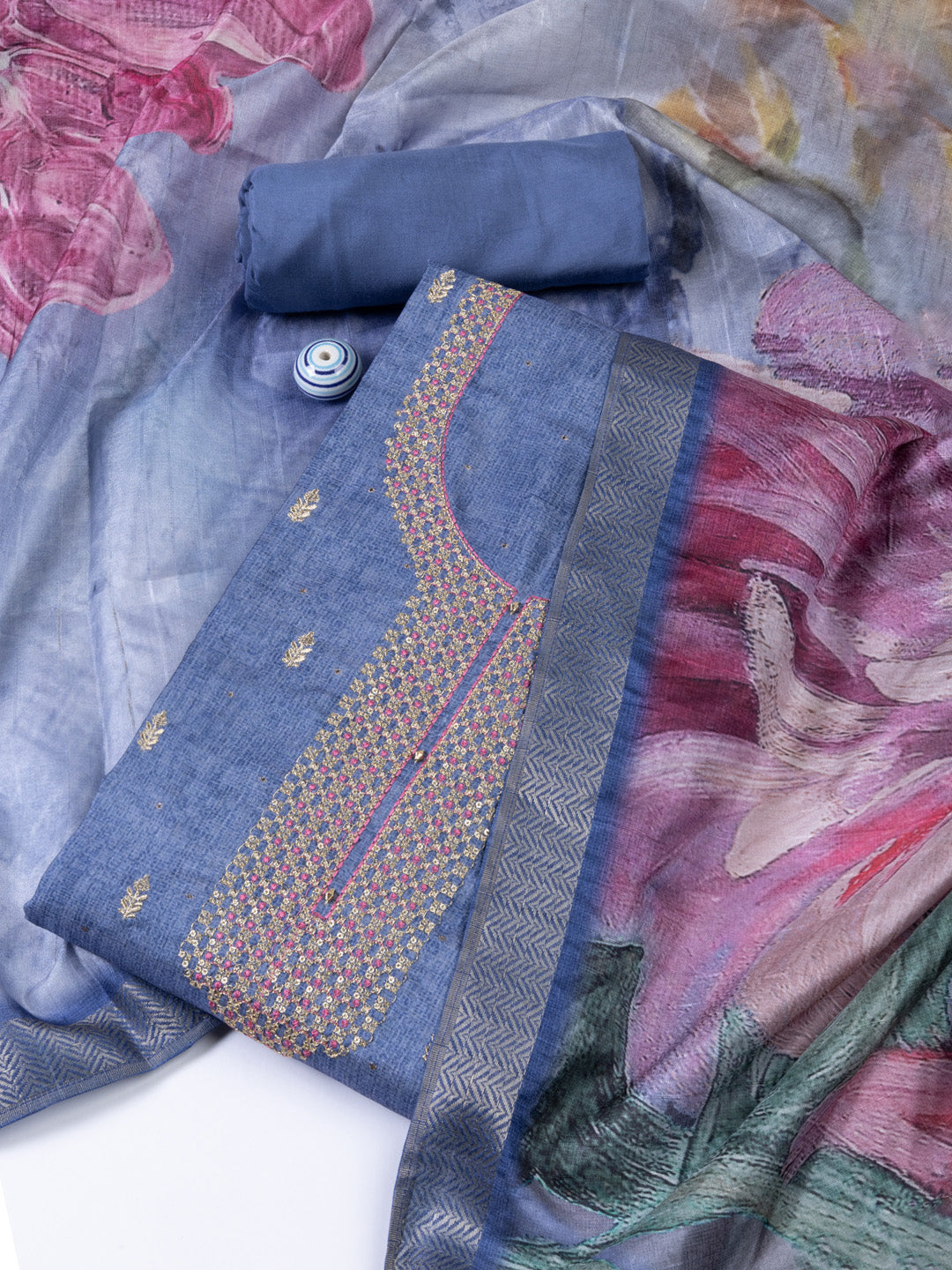 Neck Embroidered Tussar Unstitched Suit With Dupatta