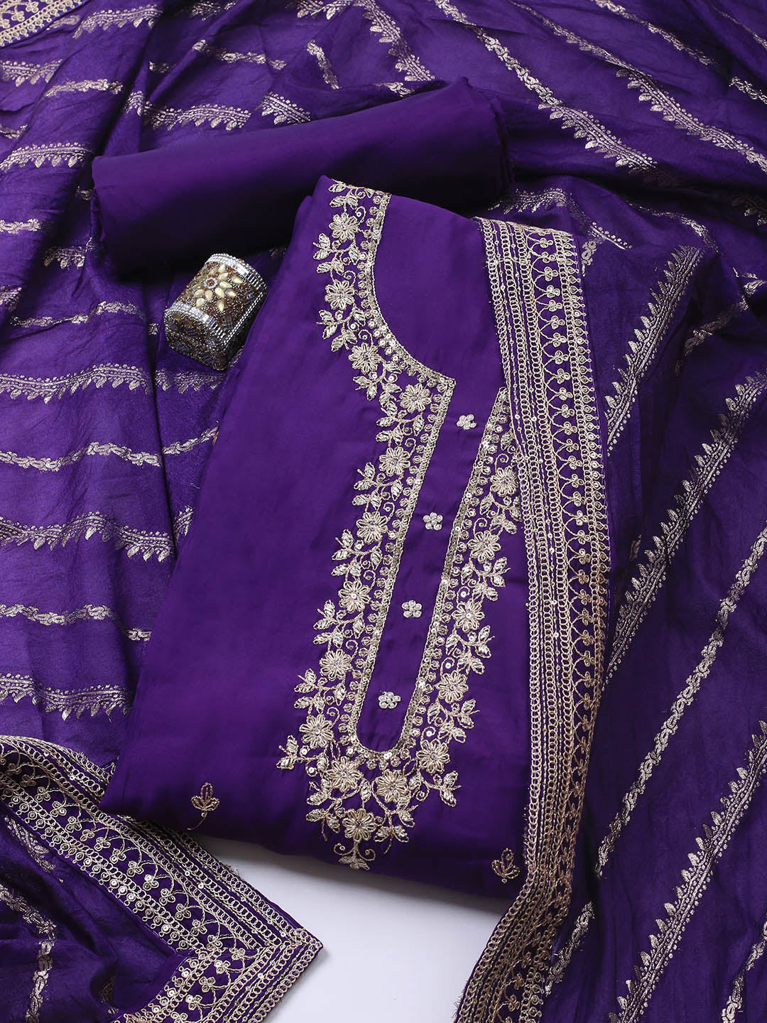 Neck Embroidery Chanderi Unstitched Suit With Dupatta