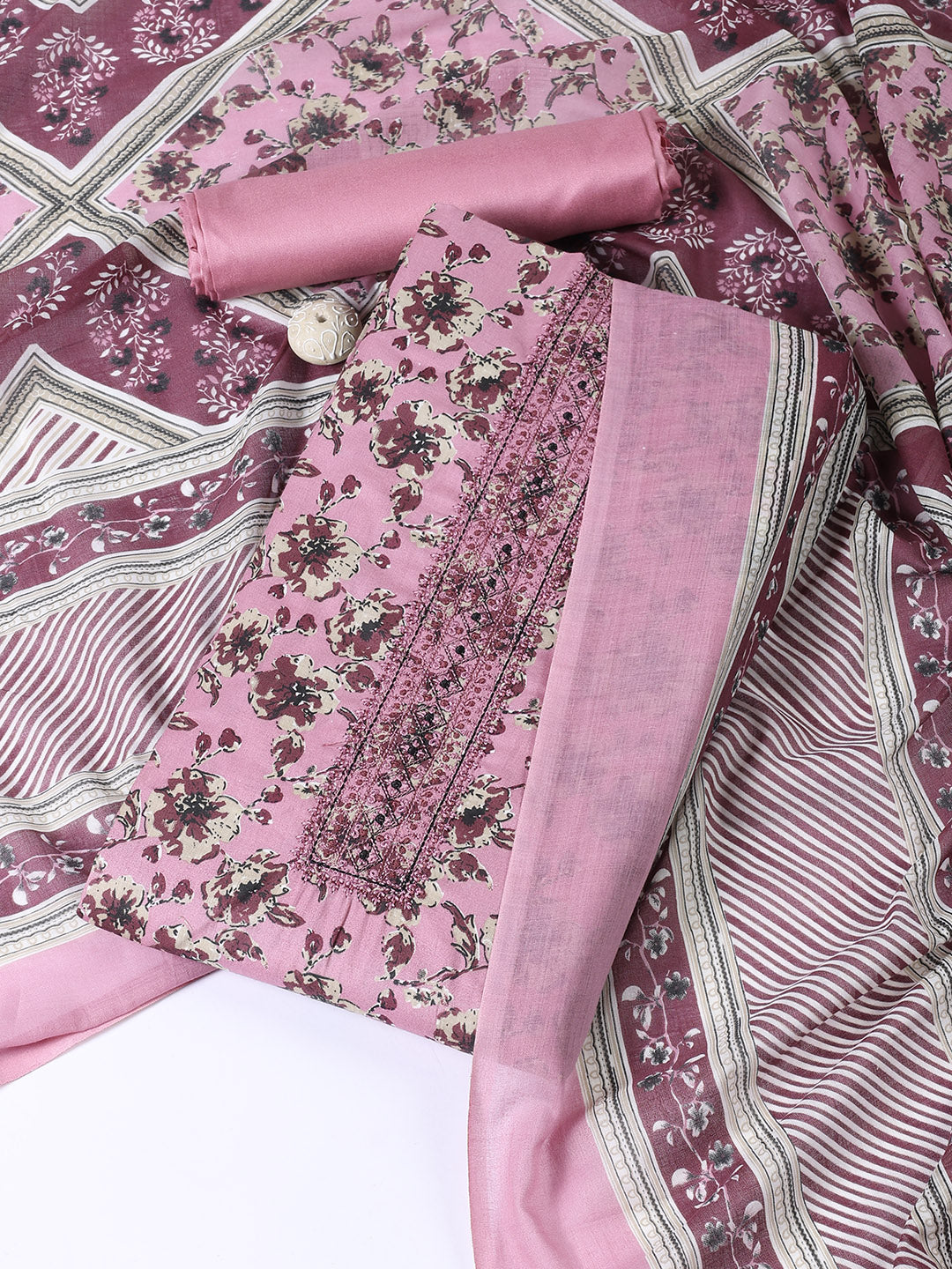 Neck Patti Cotton Blend Unstitched Suit With Dupatta