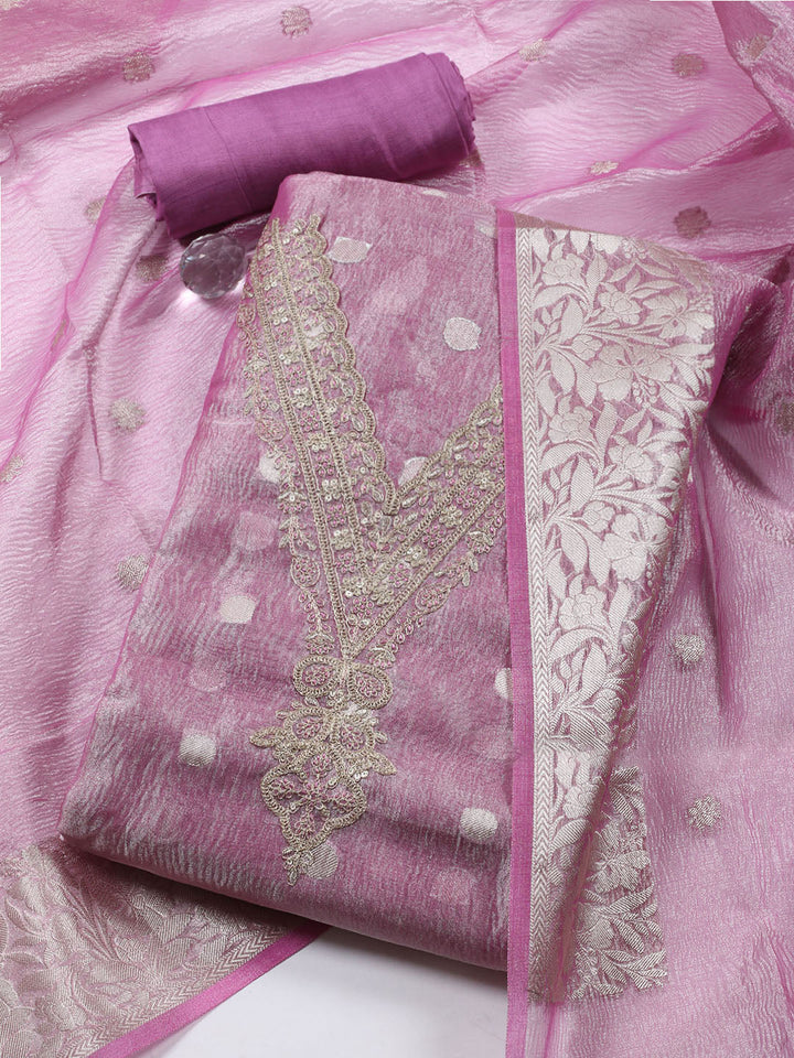 Neck Embroidered Tissue Unstitched Suit Piece With Dupatta