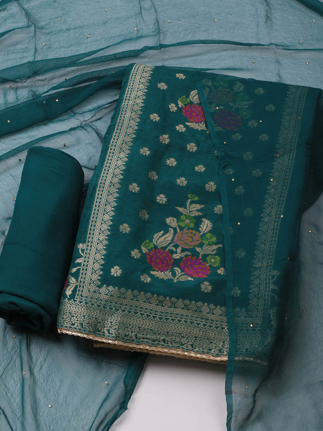 Woven Work Chanderi Unstitched Suit With Dupatta
