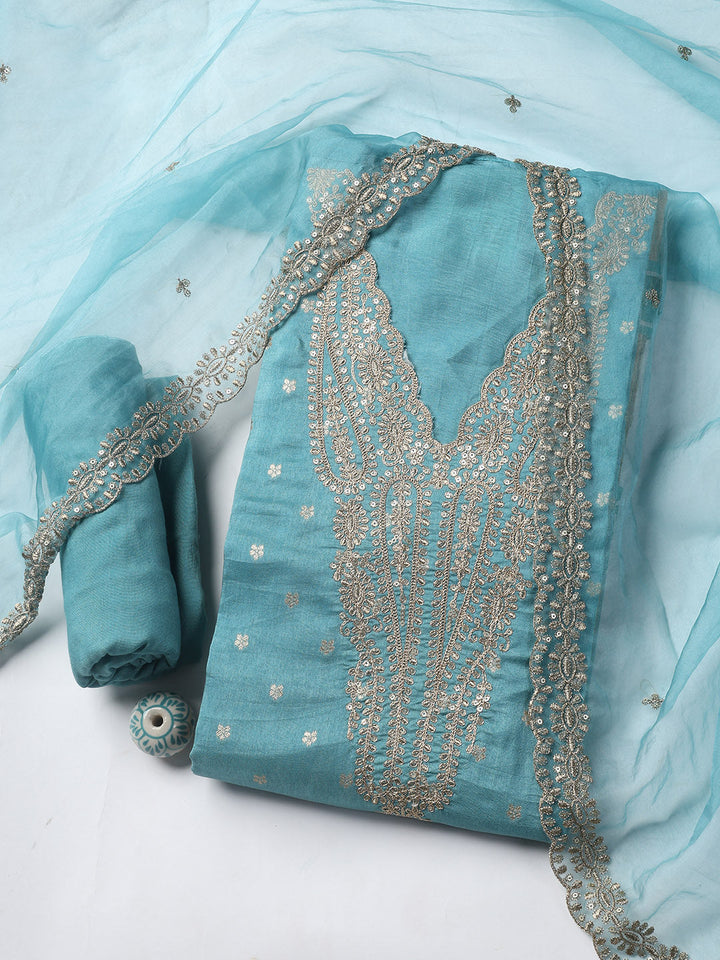Neck Embroidery Chanderi Unstitched Suit With Dupatta