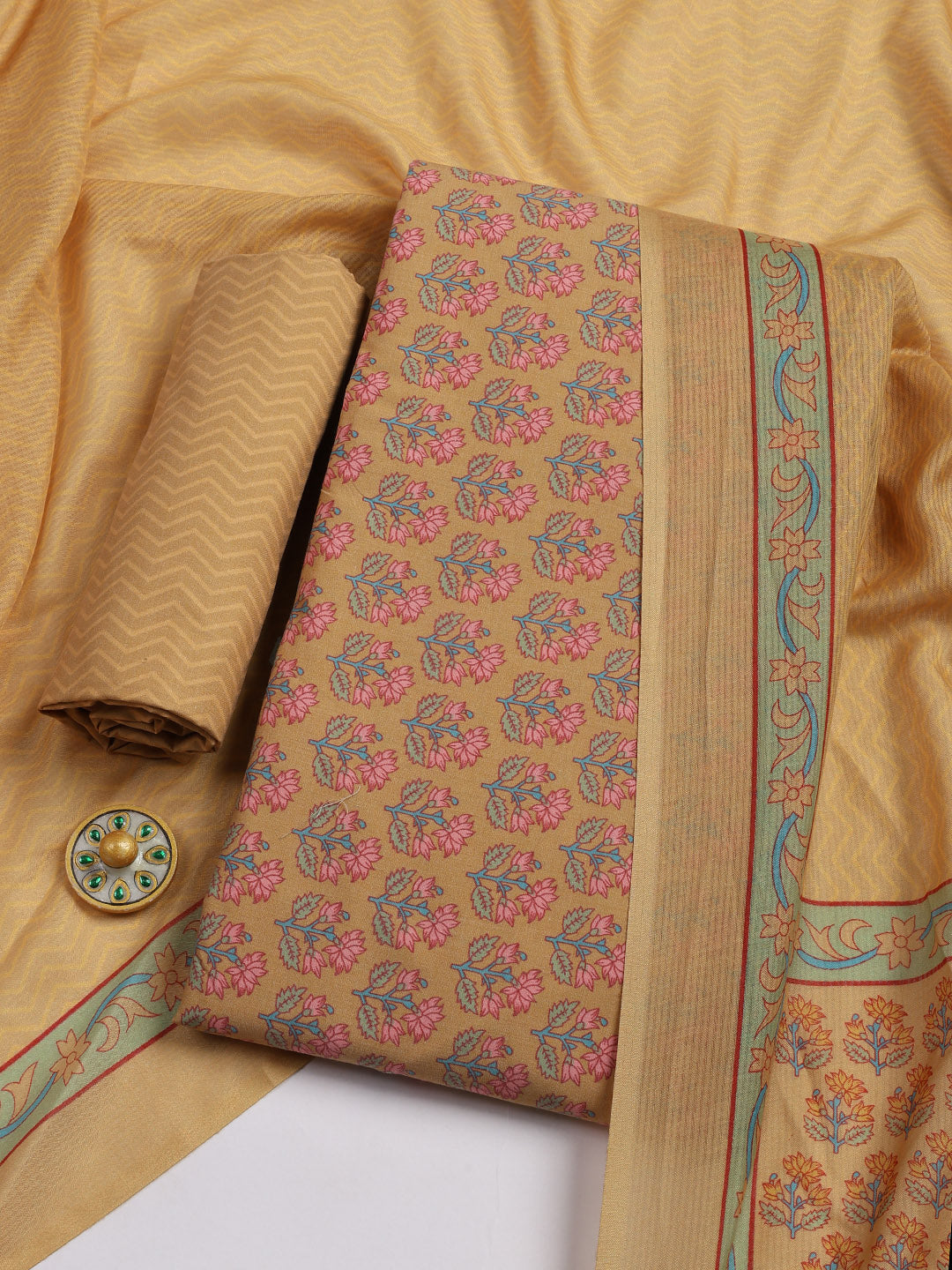 Printed Cotton Blend Unstitched Suit Piece With Dupatta