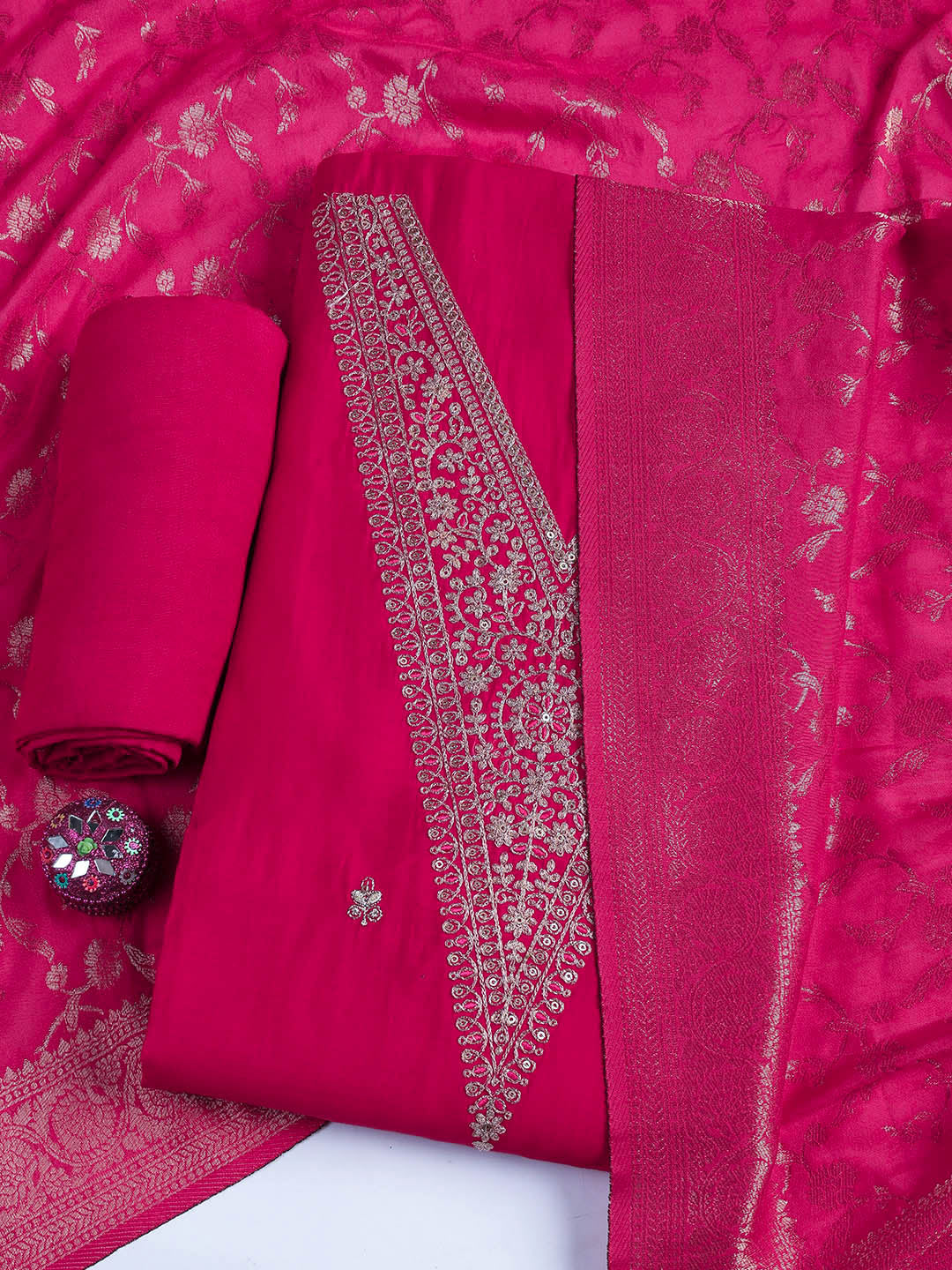 Embroidered Chanderi Unstitched Suit Piece With Dupatta