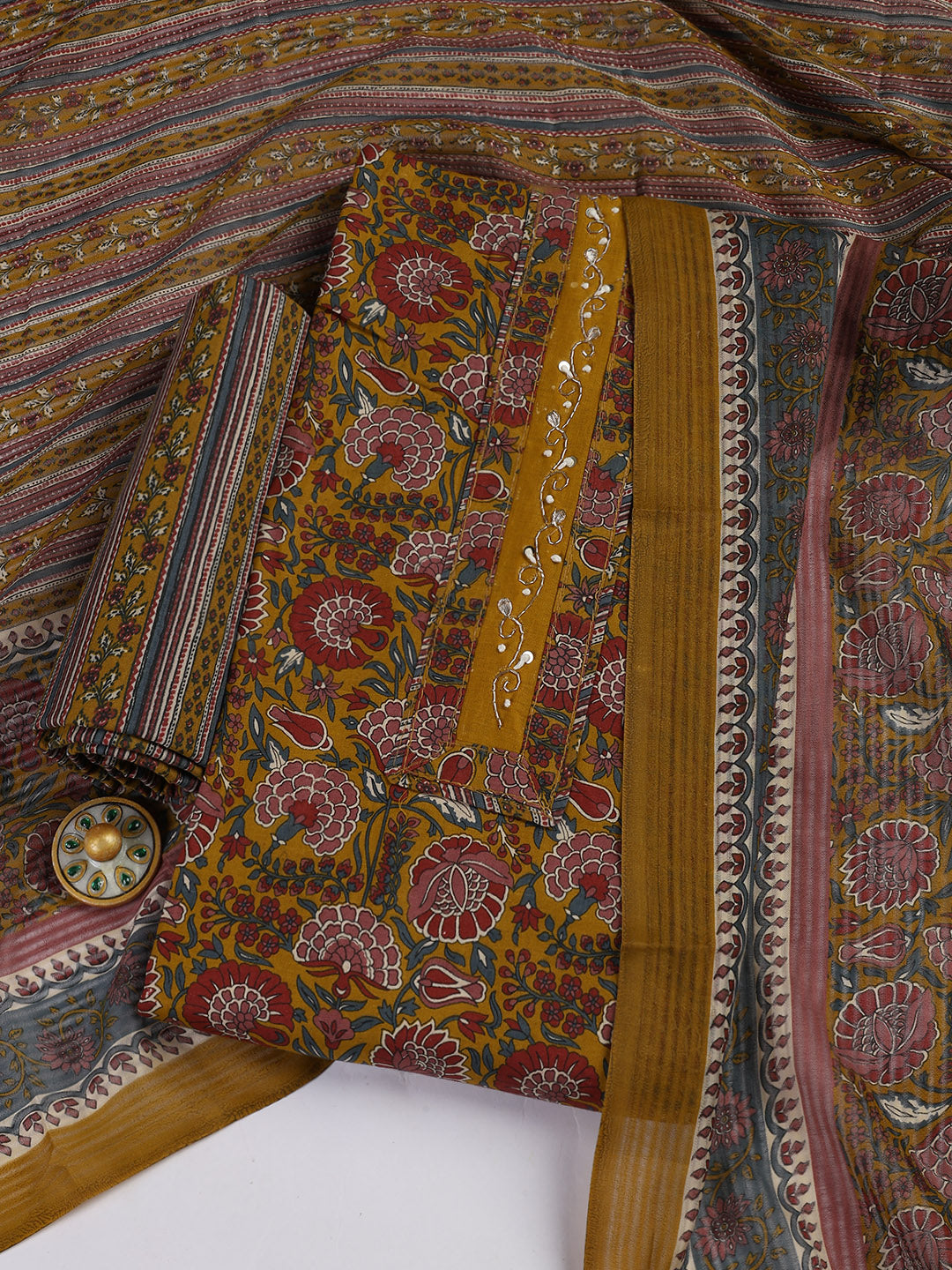 Printed Cotton Blend Unstitched Suit With Dupatta