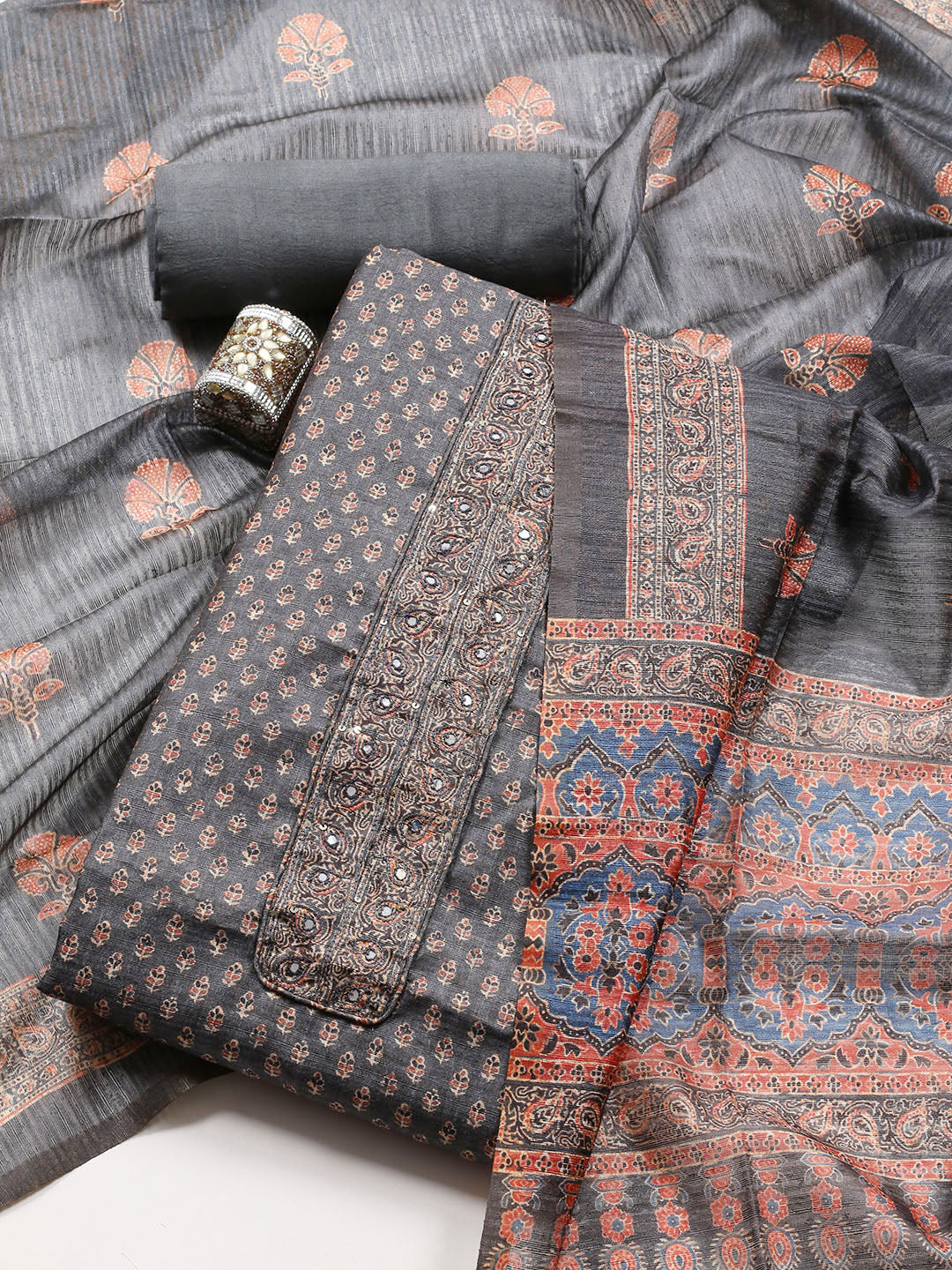 Neck Embroidered Chanderi Unstitched Suit With Dupatta