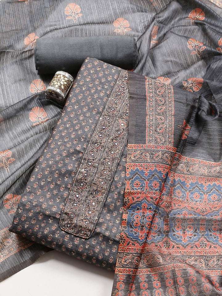 Neck Embroidered Chanderi Unstitched Suit With Dupatta