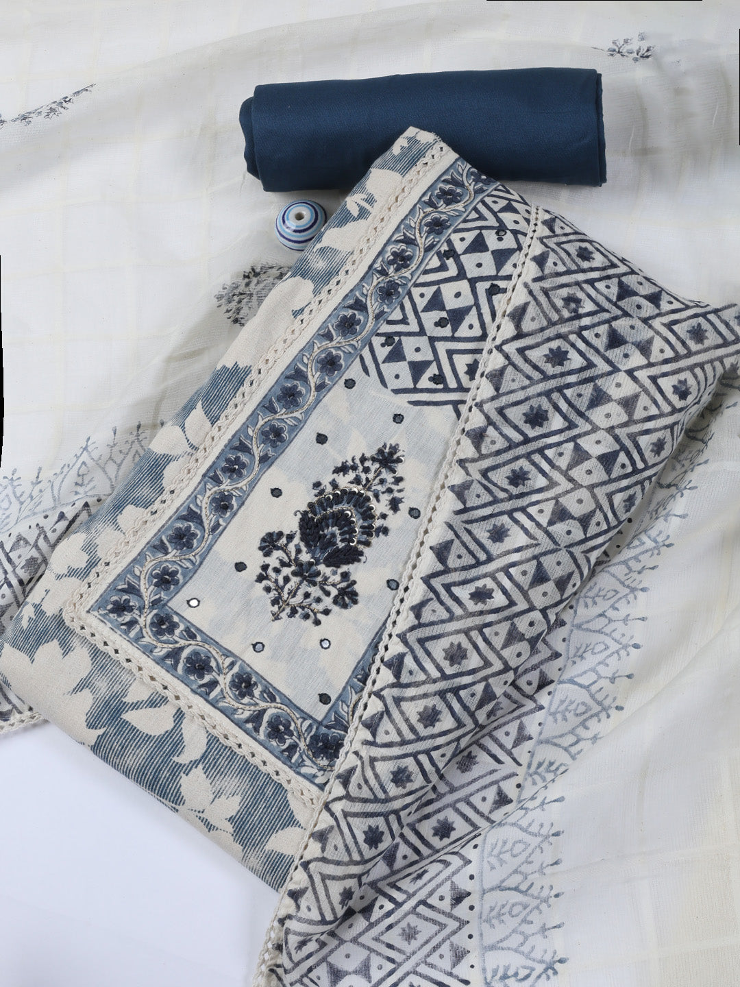 Neck Work Cotton Blend Unstitched Suit With Dupatta
