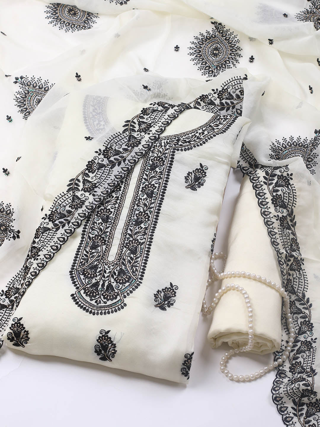 Neck Embroidery Organza Unstitched Suit Piece With Dupatta