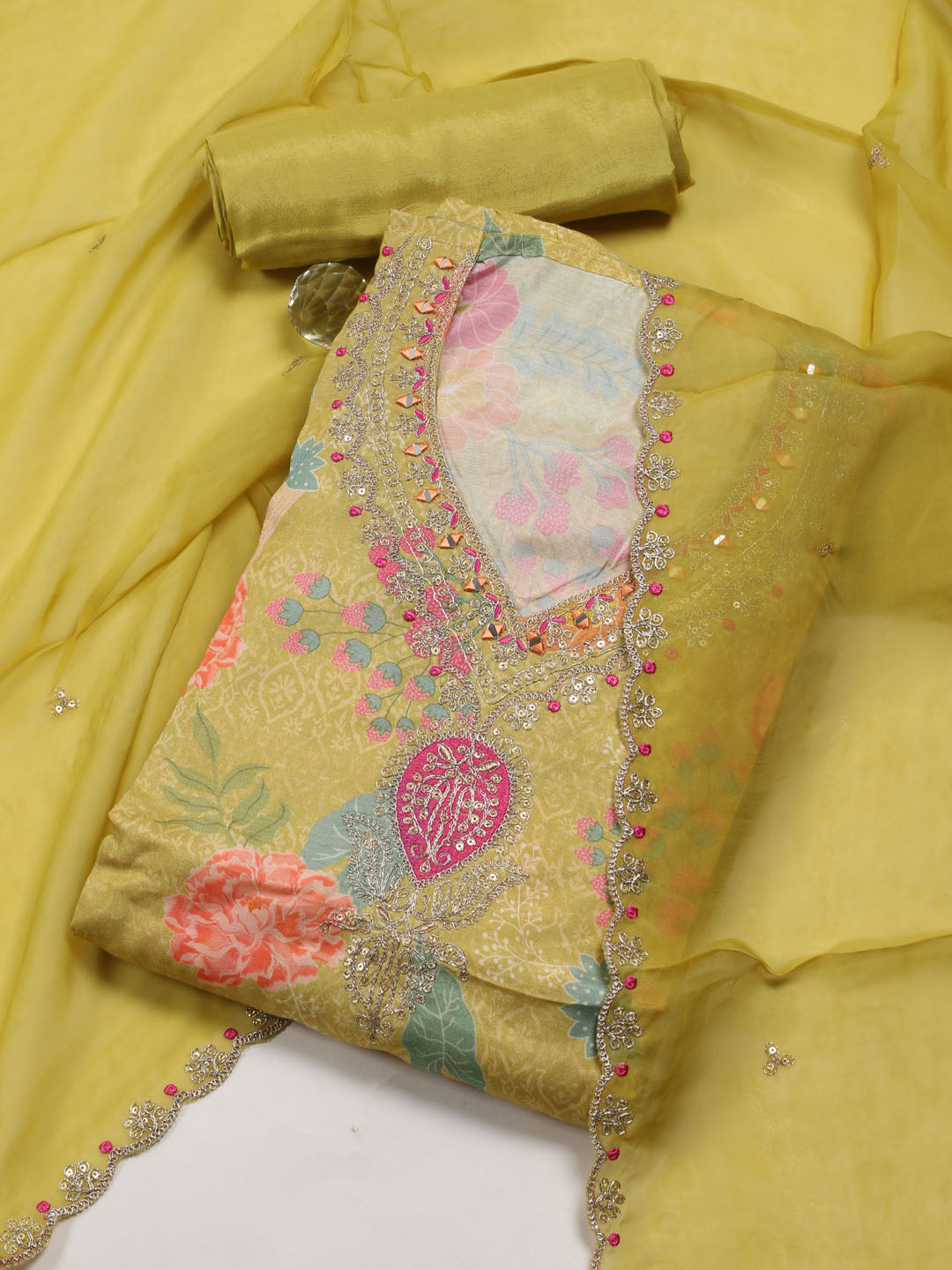 Neck Embroidered Muslin Blend Unstitched Suit With Dupatta