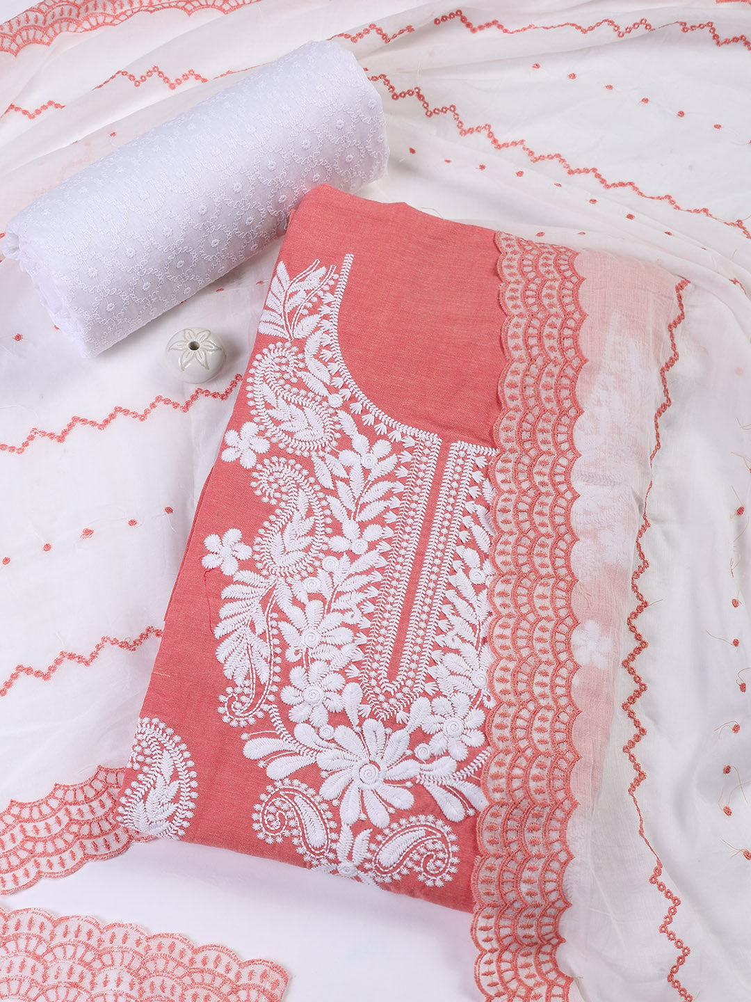 Neck Embroidered Cotton Blend Unstitched Suit With Dupatta