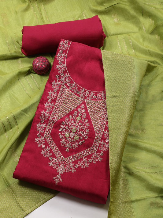 Neck Embroidered Chanderi Unstitched Suit Piece With Dupatta