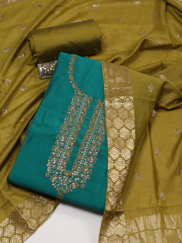 Neck Embroidered Chanderi Unstitched Suit Piece With Dupatta