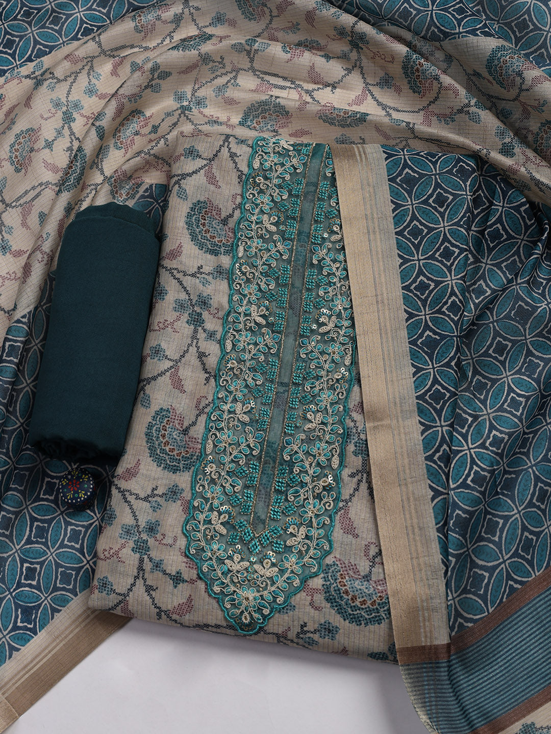Embroidered Chanderi Unstitched Suit Piece With Dupatta