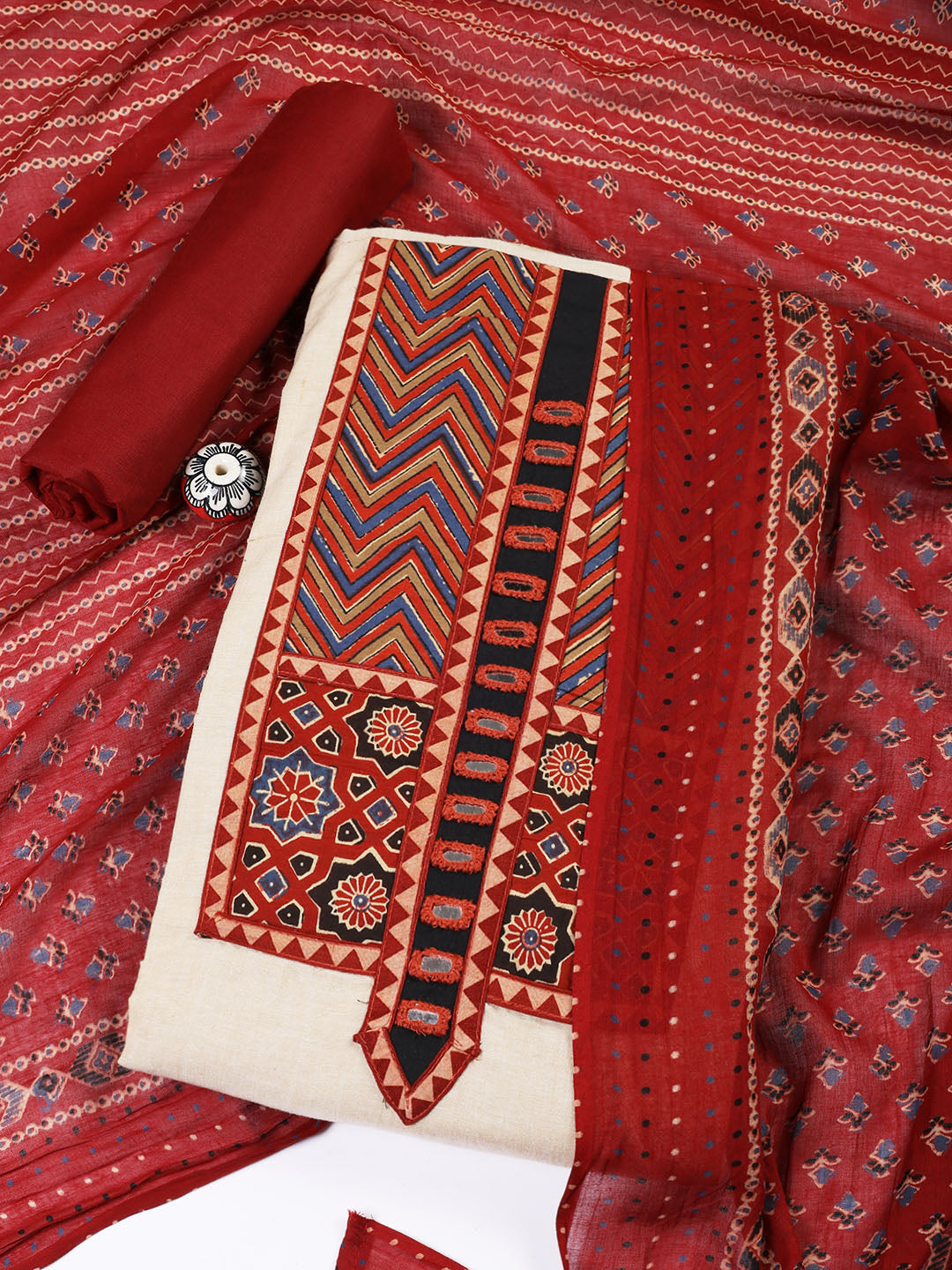 Patch Neck Cotton Blend Unstitched Suit With Dupatta