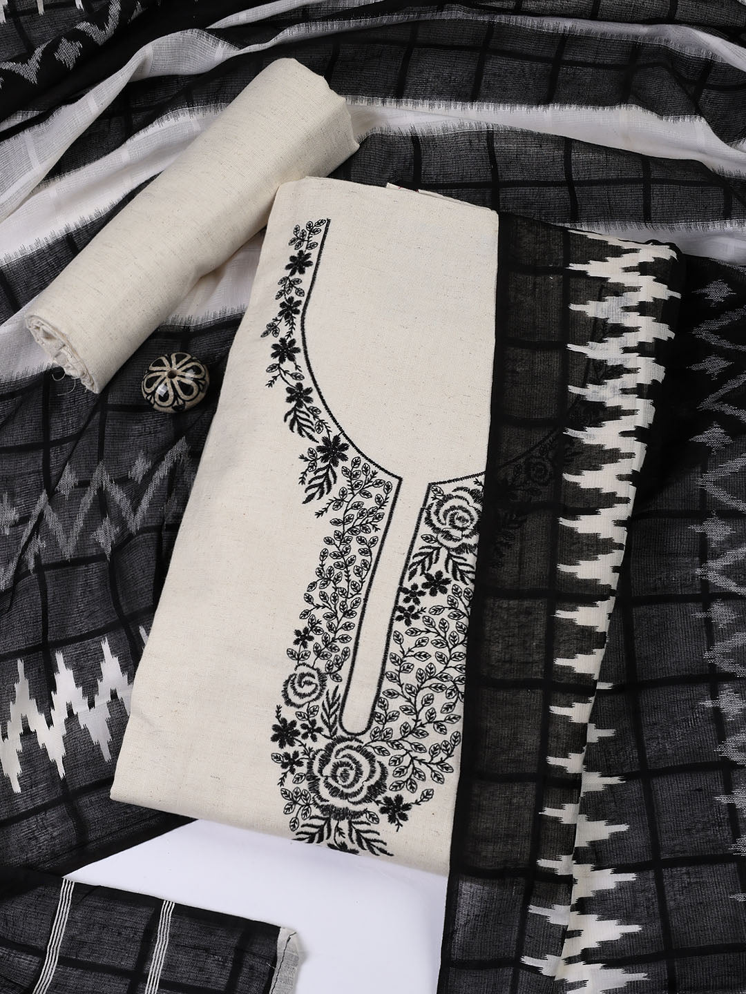 Neck Embroidered Cotton Blend Unstitched Suit With Dupatta