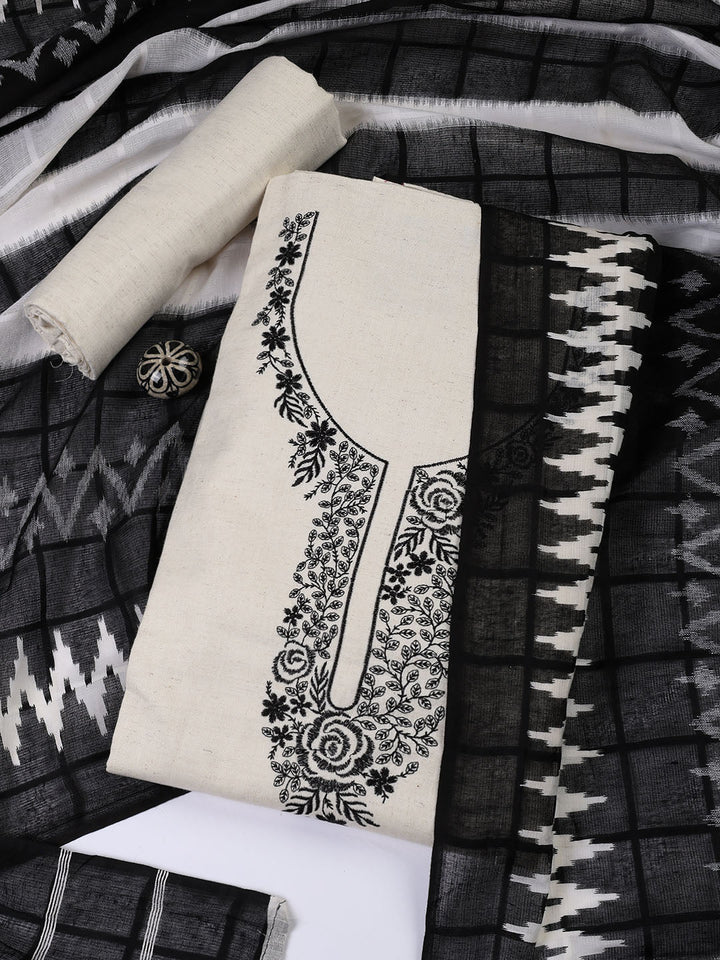 Neck Embroidered Cotton Blend Unstitched Suit With Dupatta