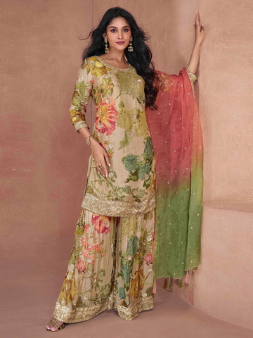 Embroidered Sequin Georgette Kurta With Palazzo And Dupatta