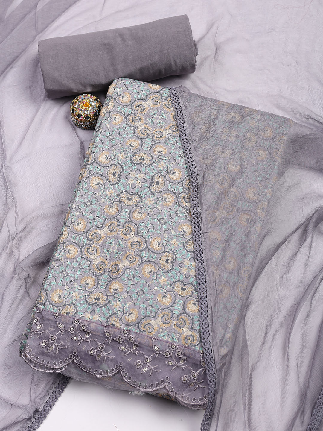 Printed Cotton Blend Unstitched Suit Piece With Dupatta