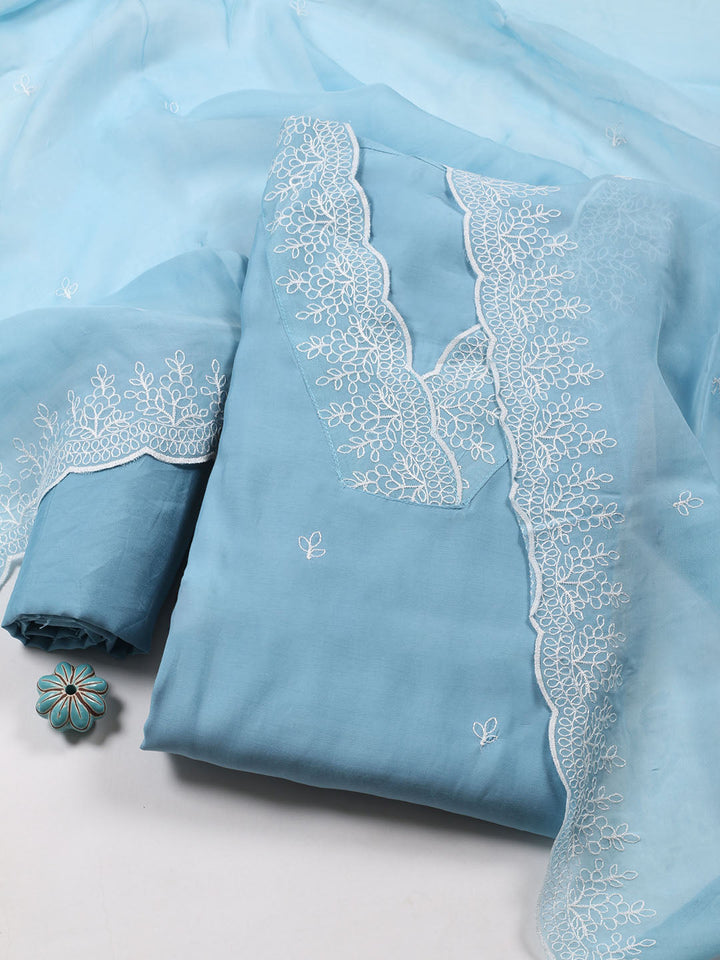 Neck Work Chanderi Unstitched Suit Piece With Dupatta