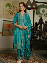 Resham Jaal Cotton Kurta With Pants & Dupatta