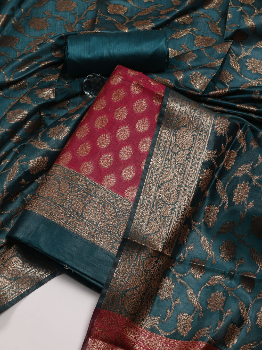 Neck Embroidered Chanderi Unstitched Suit Piece With Dupatta