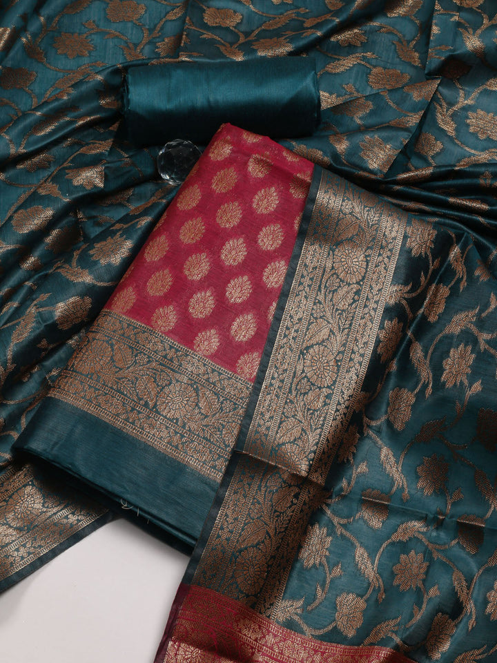 Neck Embroidered Chanderi Unstitched Suit Piece With Dupatta