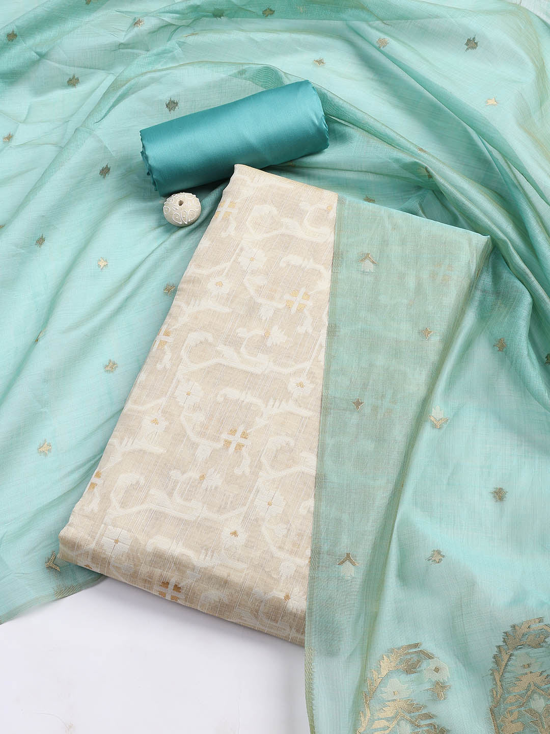 Jamdani Work Chanderi Unstitched Suit Piece With Dupatta