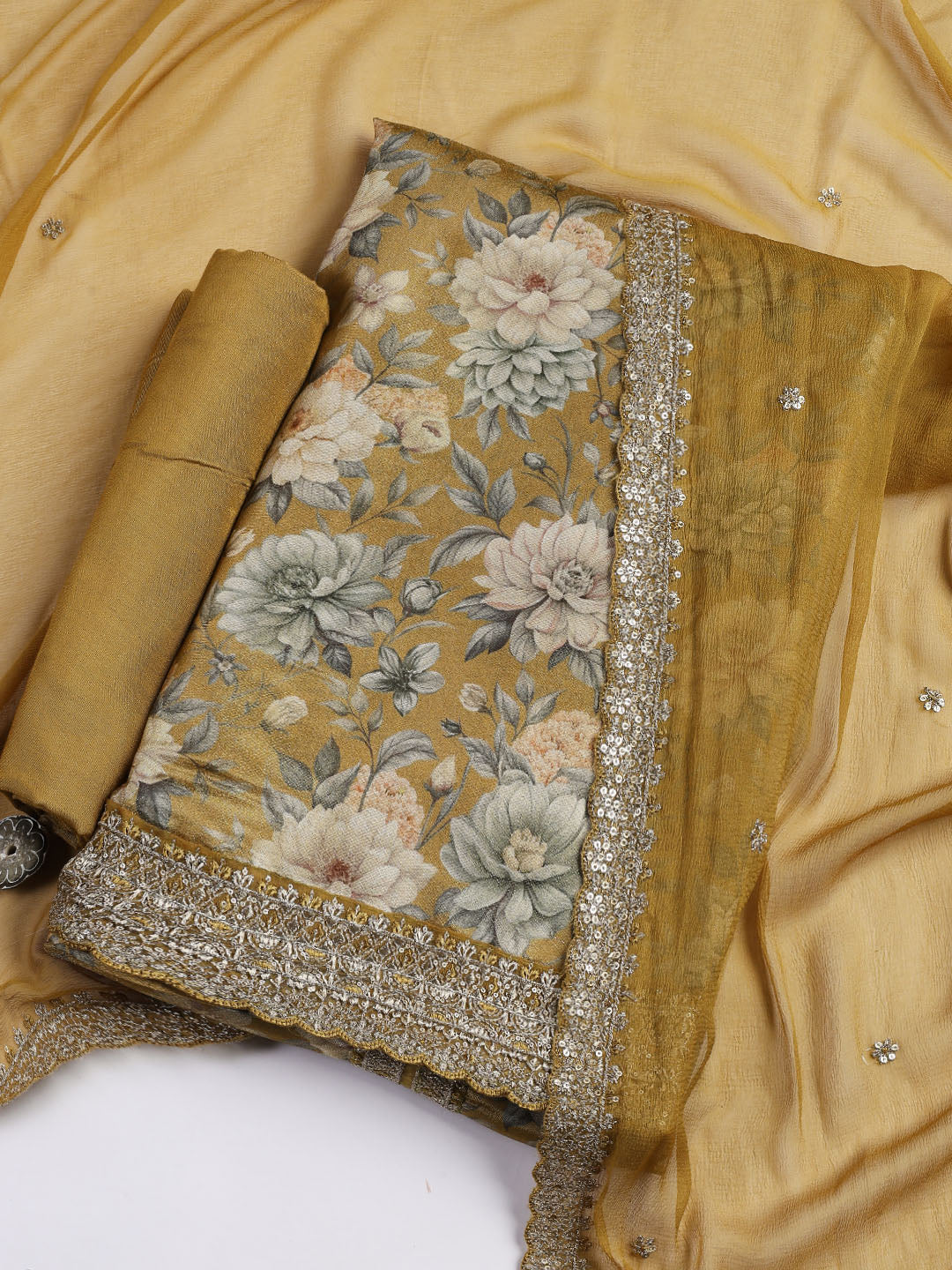 Patch Neck Art Silk Unstitched Suit With Dupatta