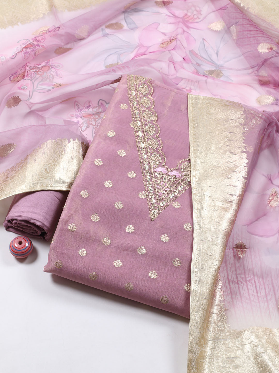 Neck Embroidered Tissue Unstitched Suit Piece With Dupatta